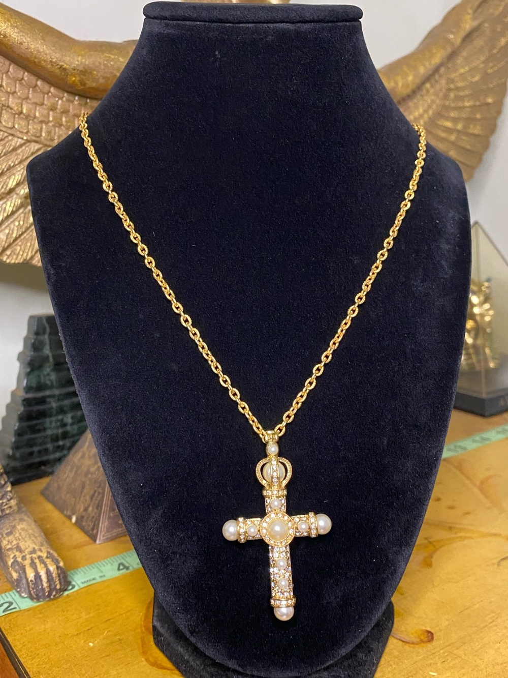 Gold Cross Pendant Necklace with Pearls - Women Jewelry